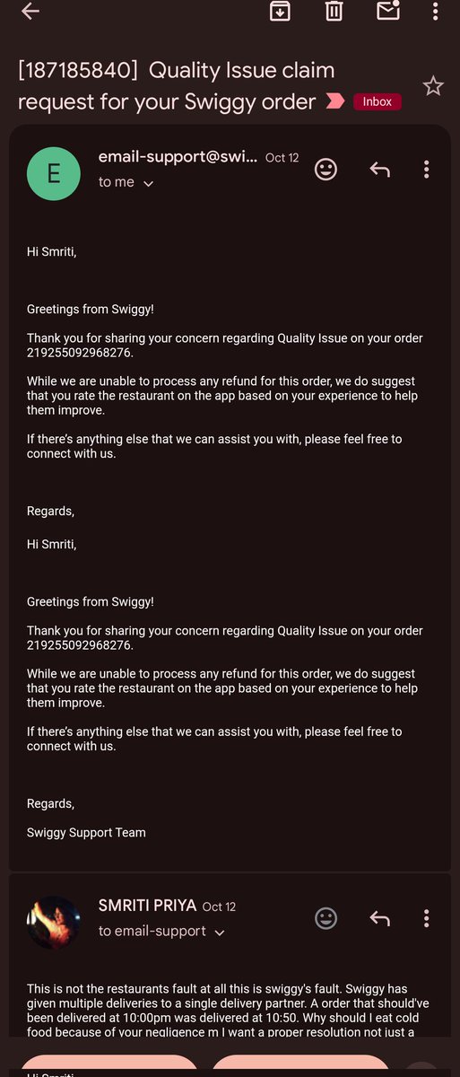smrpriya's tweet photo. So @Swiggy is a master of deceit. I had a food order that was supposed to be delivered at 10 Pm. And guess what being a Swiggy one member I should get timely deliveries. But no. I got it at 10:45pm. One would wonder why. Because Swiggy grouped the orders. https://t.co/dwYJc1FcJ8