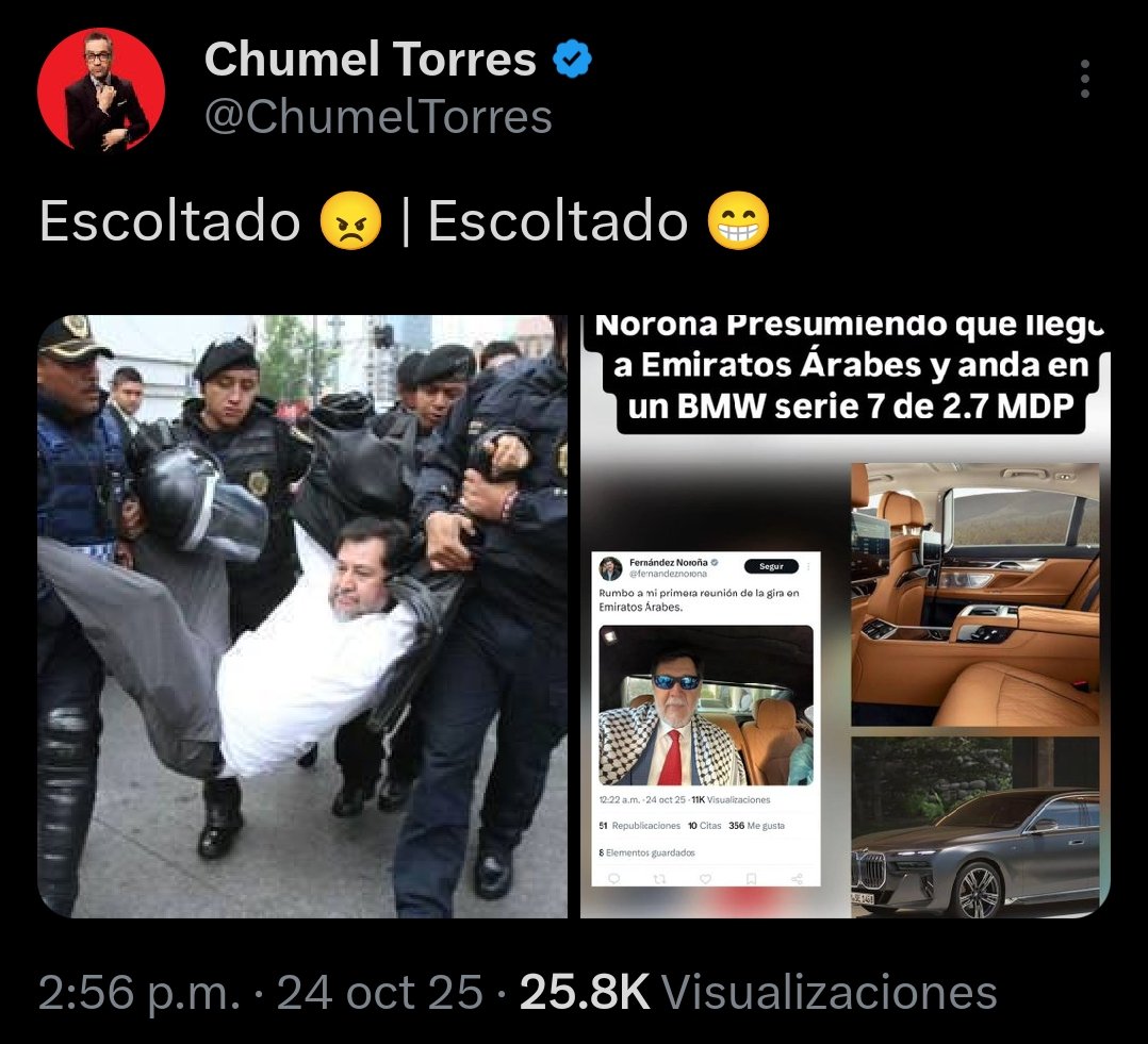 Qué jodido es tener que ser el bufón de la derecha y, no conforme, ni siquiera hacerlo bien

<a href="/ChumelTorres/">Chumel Torres</a> ya le aprendió escuela a <a href="/lopezdoriga/">Joaquín López-Dóriga</a> y a #lordmontajes porque si vas a los Emiratos Árabes y te mueves en coche, seguro es un #BMW de lujo
