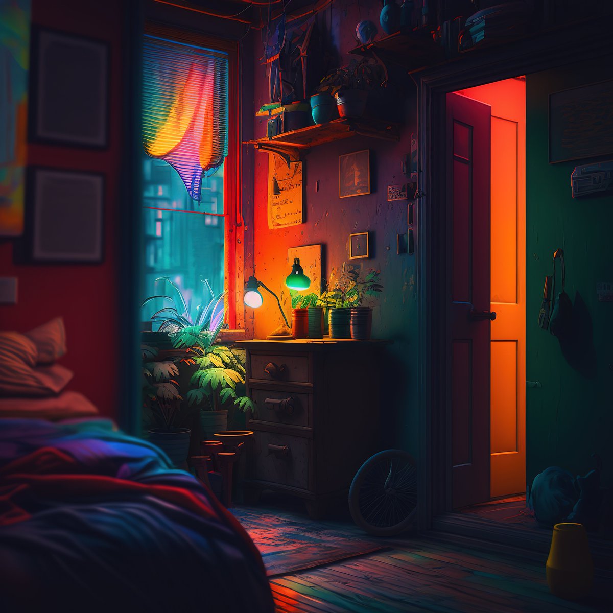 NoBanksNearby's tweet image. 12:40 AM. See the quiet bloom of this hour. The window&apos;s rainbow glow meets deep room blues, while fiery oranges from an open door dance on the floor. Amidst the lush green plants, find this vivid stillness. Be present in its beautiful, late-night hum.

#CreativeCode…