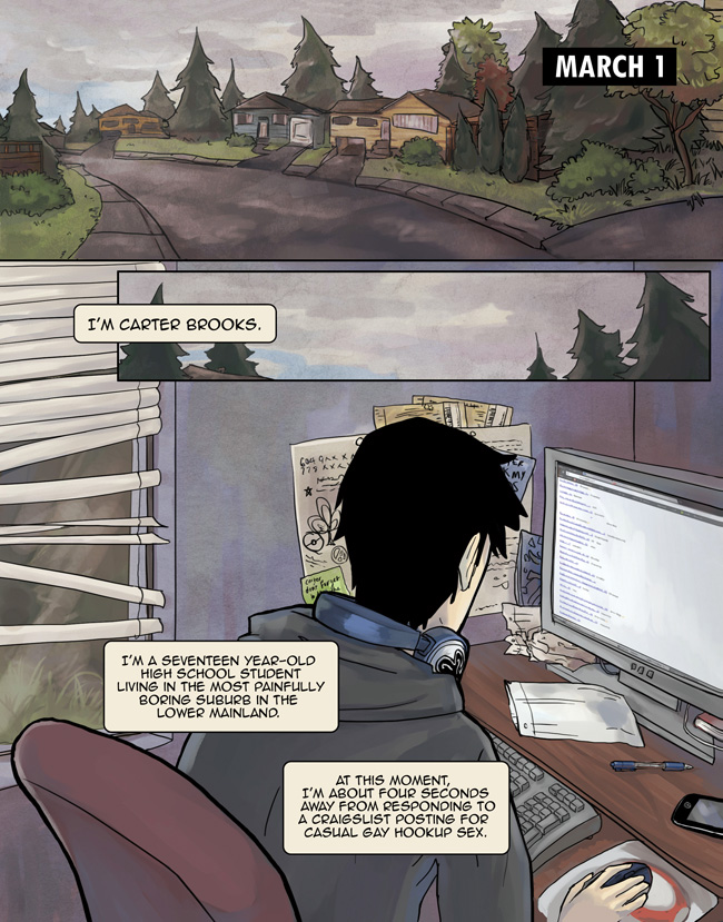 always_raining_'s tweet image. DAY 19 – Carter’s Introduction ♣
 
Carter is introduced on the 4th page of Always Raining Here! These pages were initially the very first pages of the comic, but we added the flash forward pages with Adrian for some narrative suspense!

[original version]