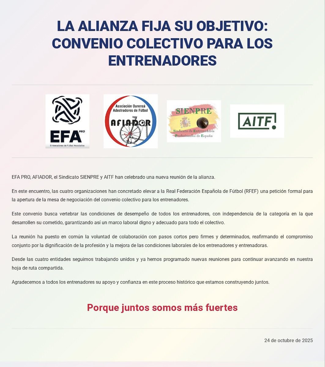Seguimos trabajando de manera unida para la mejora de nuestra profesión en España.

Creemos que trabajando de manera coordinada, creceremos como colectivo tanto profesional como amateur, porque todos tenemos derecho a unas condiciones dignas.
<a href="/afiadorou/">Asociación Entrenadores Afiador</a> <a href="/SienpreEsp/">SiEnPrE Sindicato Entrenadores Profesionales ESP</a> <a href="/AITForg/">AITF</a>
