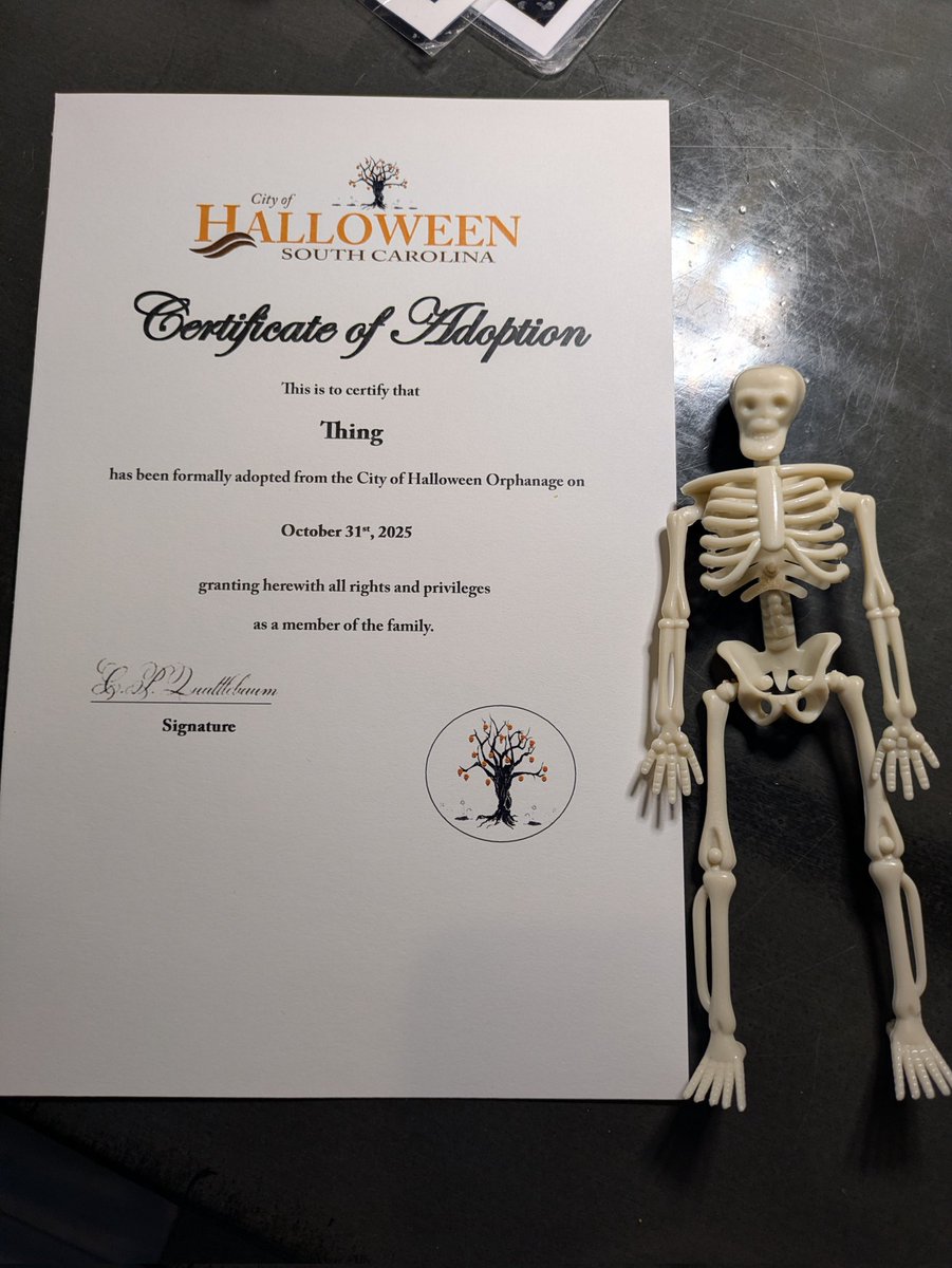 Terrortaytay's tweet photo. Today for SPLATTERWEEN I went to the orphanage in Halloweentown SC and adopted a skeleton named Thing. Unfortunately they were out of the big bones but still got a baby💀 @therealjoebob @kinky_horror @Shudder #MutantFam https://t.co/wdenieZVhT