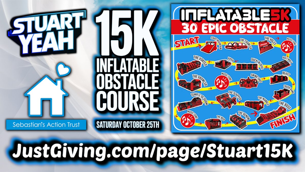 It's tomorrow...

15KM Inflatable Obstacle Course Run for <a href="/SebsActionTrust/">Sebastian's Action Trust</a> 

Over £1050 raised so far, and just the coolest most amazing bunch of supporters behind me!

Thank you all 💙