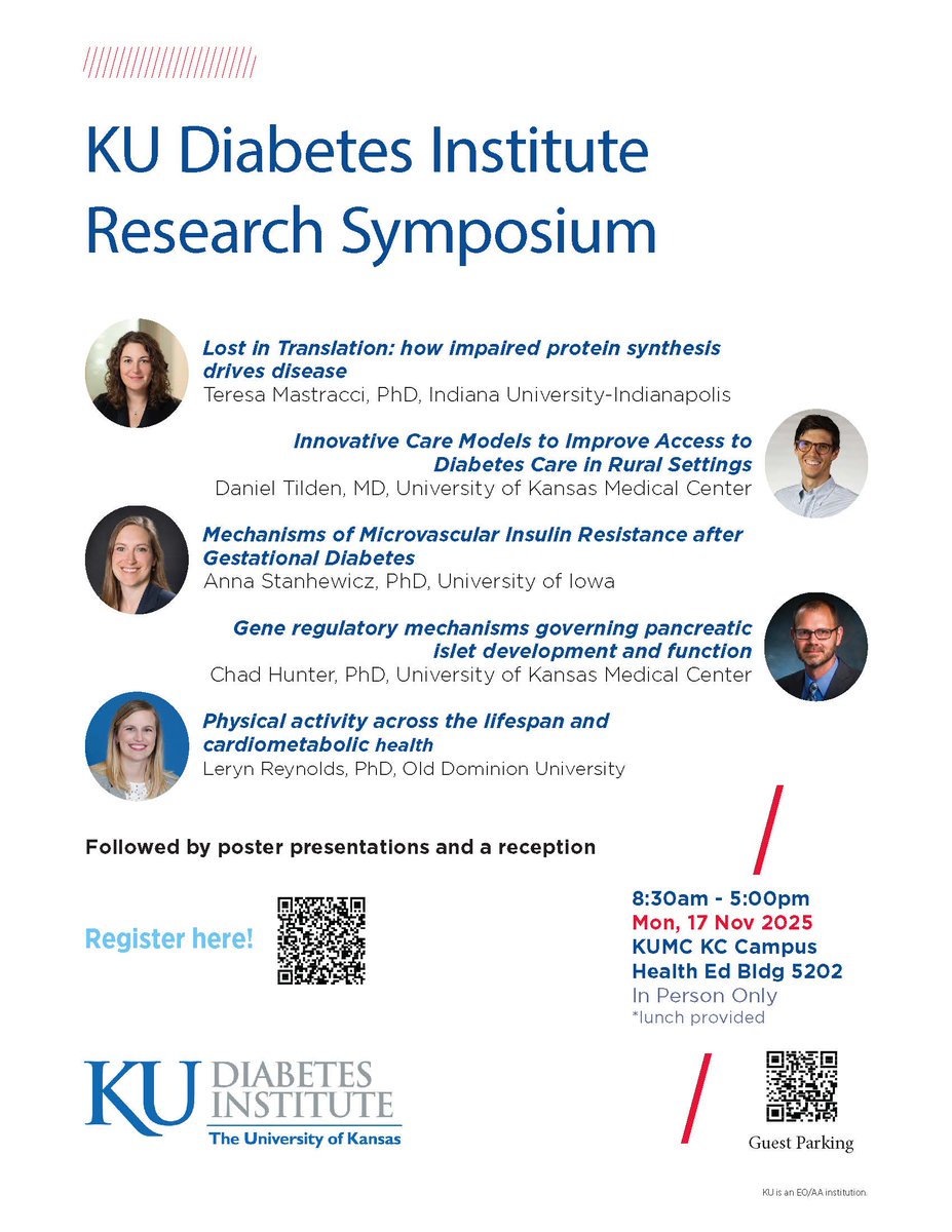 The KU Diabetes Institute will host our sixth annual Research Symposium on Mon, Nov 17, 2025.
Audience: diabetes, obesity, and/or metabolism researchers, clinicians, and trainees, as well as diabetes educators, coordinators, and advocates.
Registration: tinyurl.com/KUDISymp2025