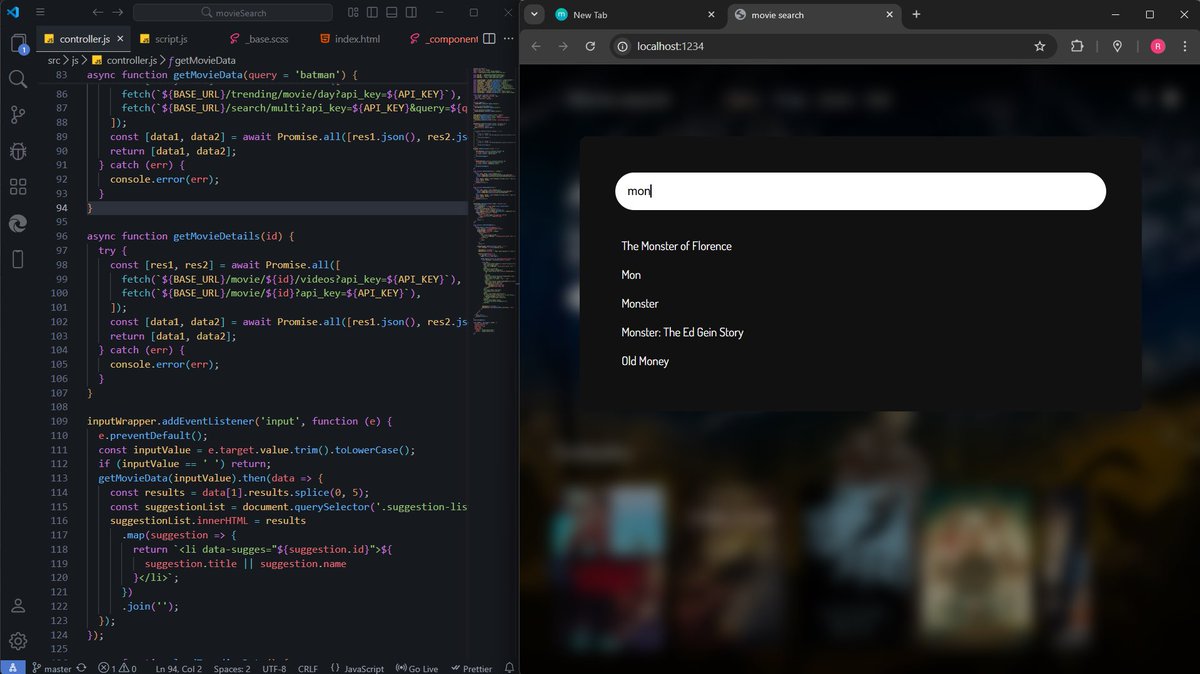 donfttp's tweet image. #Day33
Cleaned up some repetitive code and implemented a search match feature that renders the selected movie when a suggestion is clicked.
#100DaysOfCode