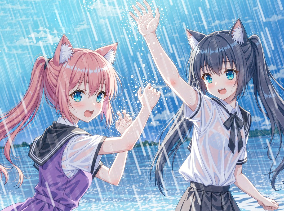 phyblas's tweet image. こんな雨の中何やってんにゃ？

#AIart #猫耳 #FLUX1 #雨