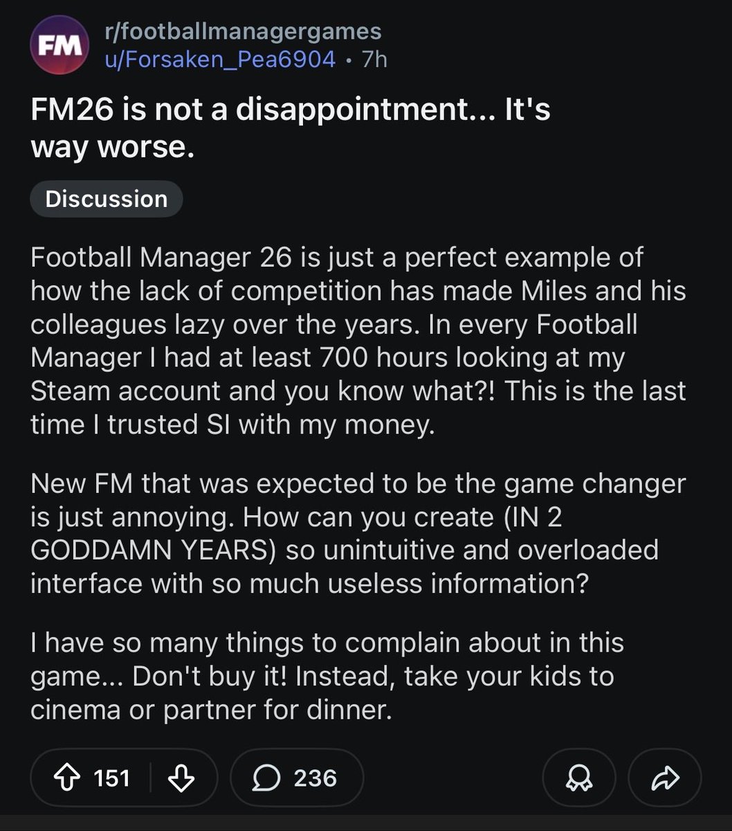 ConnorRiddle_'s tweet photo. Istg people are fucking moronic

How is it lazy to take a chance on developing a new game on a completely new engine with a new UI rather than releasing FM20 for the 5th and 6th time?

I have major issues with the game but if you think SI are lazy then there is no hope for you https://t.co/NF1v58ovBg