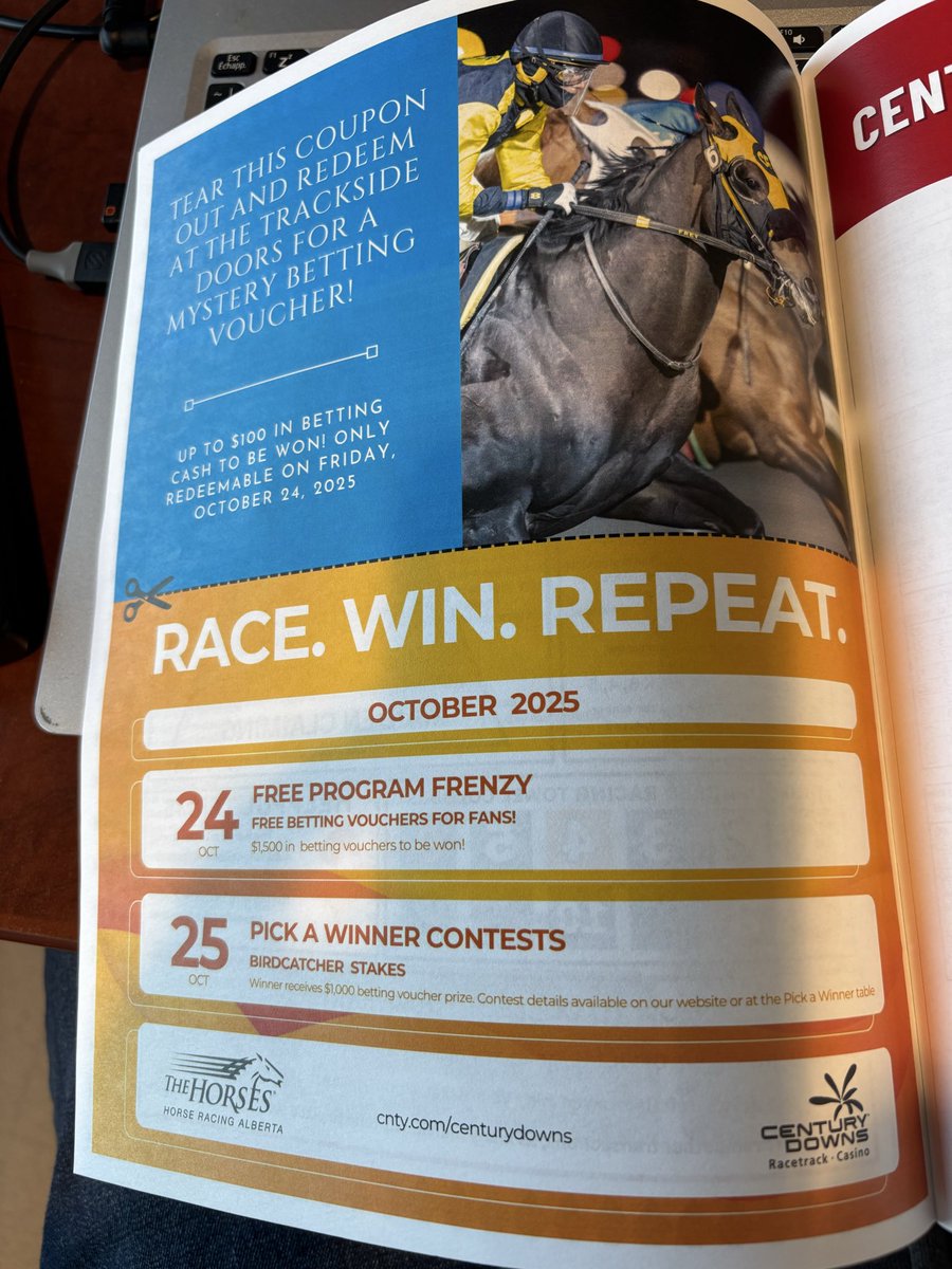 If live on track with us at <a href="/CenturyDowns/">Century Downs</a>, tear out this coupon in your (free) program and redeem it at the trackside doors for a free betting voucher!