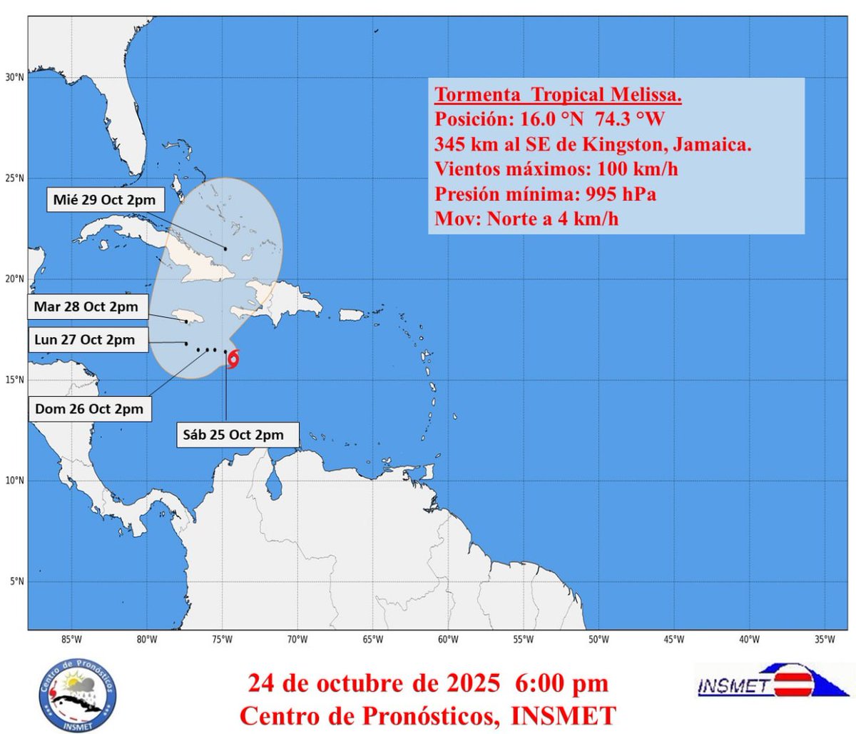 🇨🇺🌀 La tormenta tropical Melissa durante el día de hoy se ha mantenido con lento movimiento sobre el mar Caribe central, mostrando una mejor organización y un ligero incremento en su intensidad.