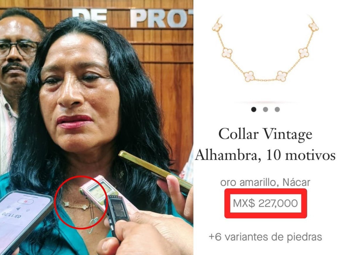 Jorge Garcia Orozco (@jorgegogdl) on Twitter photo Abelina López Rodríguez, alcaldesa de Acapulco usando un collar Van Cleef Vintage Alhambra, de 227 mil pesos. La misma que fue acusada por la auditoría de Guerrero de desaparecer 898 milllones de pesos del Huracán OTIS. Abelina López Rodríguez, alcaldesa de Acapulco usando un collar Van Cleef Vintage Alhambra, de 227 mil pesos. La misma que fue acusada por la auditoría de Guerrero de desaparecer 898 milllones de pesos del Huracán OTIS.