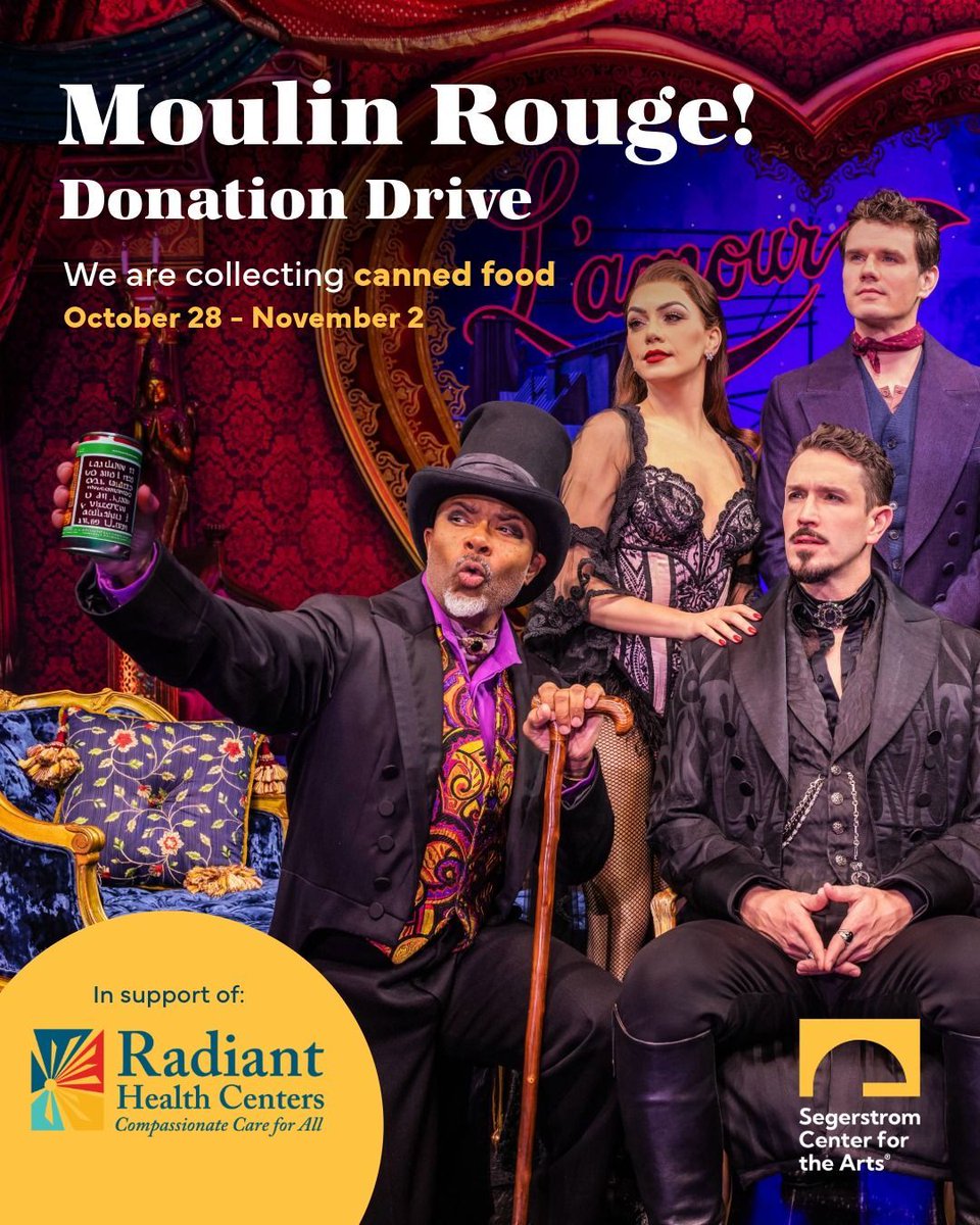 SegerstromArts's tweet image. We’re thrilled to be partnering with the spectacular spectacular Radiant Health Centers’ food pantry for a can-can-canned food drive during the run of Moulin Rouge! The Musical. Help us support those in need by bringing canned food… instagr.am/p/DQNXsbpjJwf/