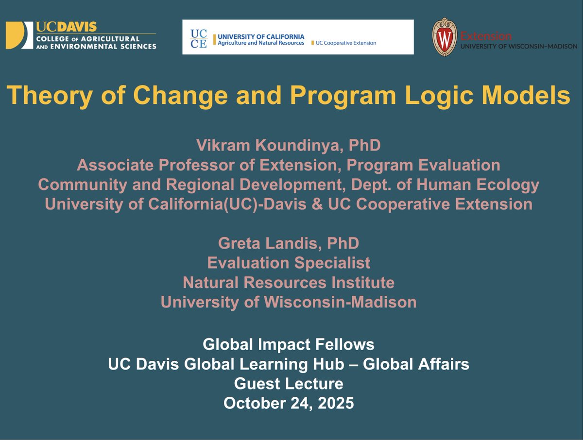 We offered a workshop on Theory of Change and Program Logic Models to Fall 2025 <a href="/ucdavis/">UC Davis</a> Global Impact Fellows. Students worked on populating logic model templates with inputs, outputs, outcomes, indicators, and data collection methods.