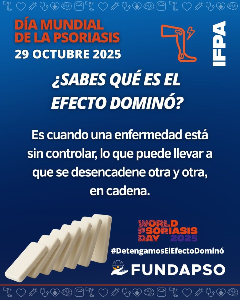 FUNDAPSO's tweet image. El “efecto dominó” describe cómo una condición sin controlar puede provocar otra, y otra más. Con la psoriasis, este efecto puede afectar todo el cuerpo.
Únete a la campaña #StopTheDominoEffect #DetengamosElEfectoDominó #PsoriasisExperienceMatters #fundapso #IFPA