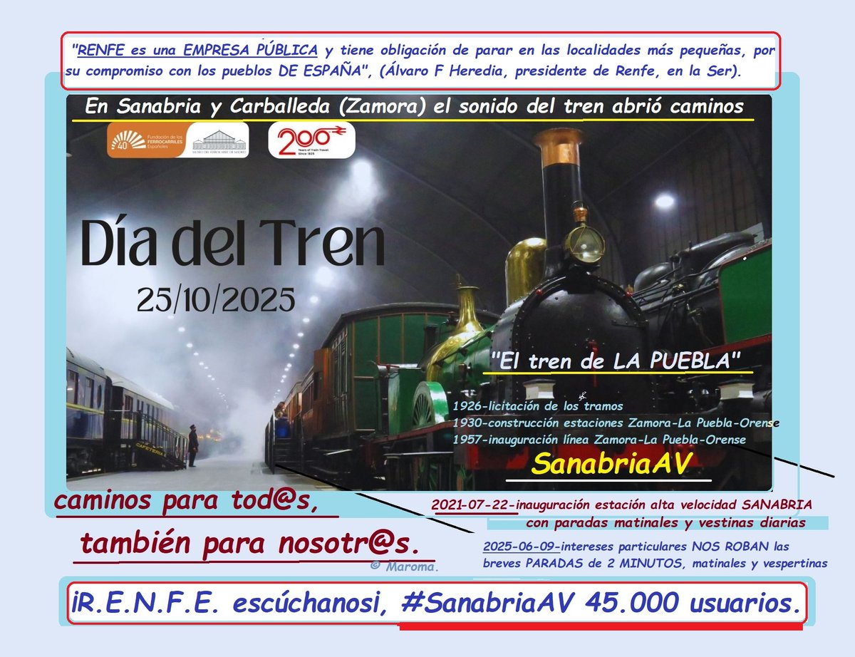 <a href="/transportesgob/">Ministerio Transportes y Movilidad Sostenible</a> <a href="/M_Ferrocarril/">Museo del Ferrocarril</a> 25Octubre, #DíaDelTren, también para #SanabriaAV,
#SanabriaYCarballeda, #Zamora, ligada al tren desde 1926, abriendo caminos para tod@s, también para nosotr@s
"<a href="/Renfe/">Renfe</a> es una #EmpresaPública con obligación de parar en localidades más pequeñas", <a href="/Transxte/">🚉Álvaro F Heredia🚅🚈🚂</a>, <a href="/La_SER/">Cadena SER</a> , <a href="/desdelamoncloa/">La Moncloa</a>
