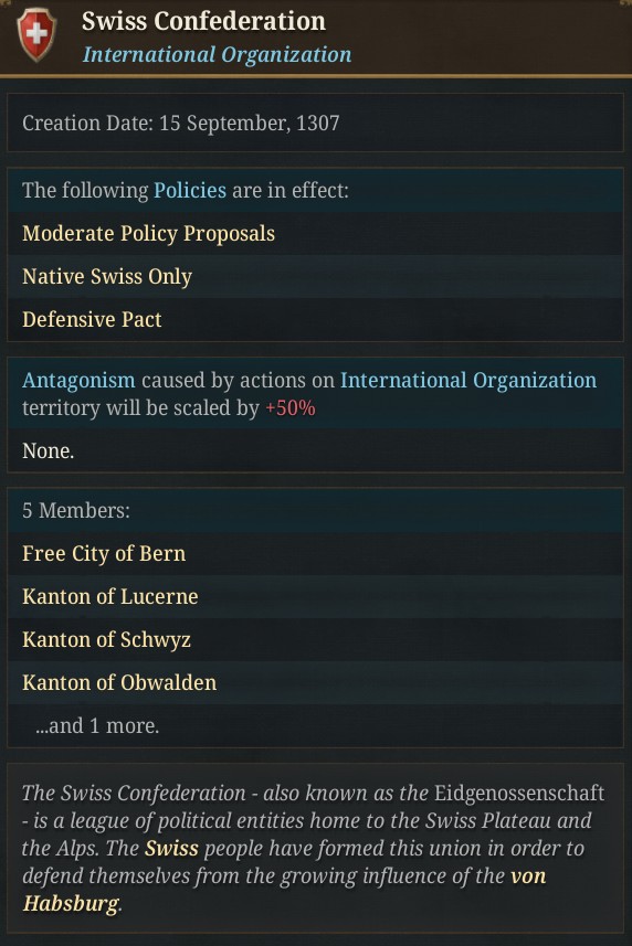 nekotei_m's tweet image. #EU5 #ProjectCaesar
Tinto Flavour#46はスイスおよびハンザ同盟固有コンテンツの紹介
forum.paradoxplaza.com/forum/develope…

◎スイス諸国
■歴史的背景
‣1291年にウーリ・シュヴィーツ・ウンターヴァルデンが自治権保護のため誓約者同盟を結成…