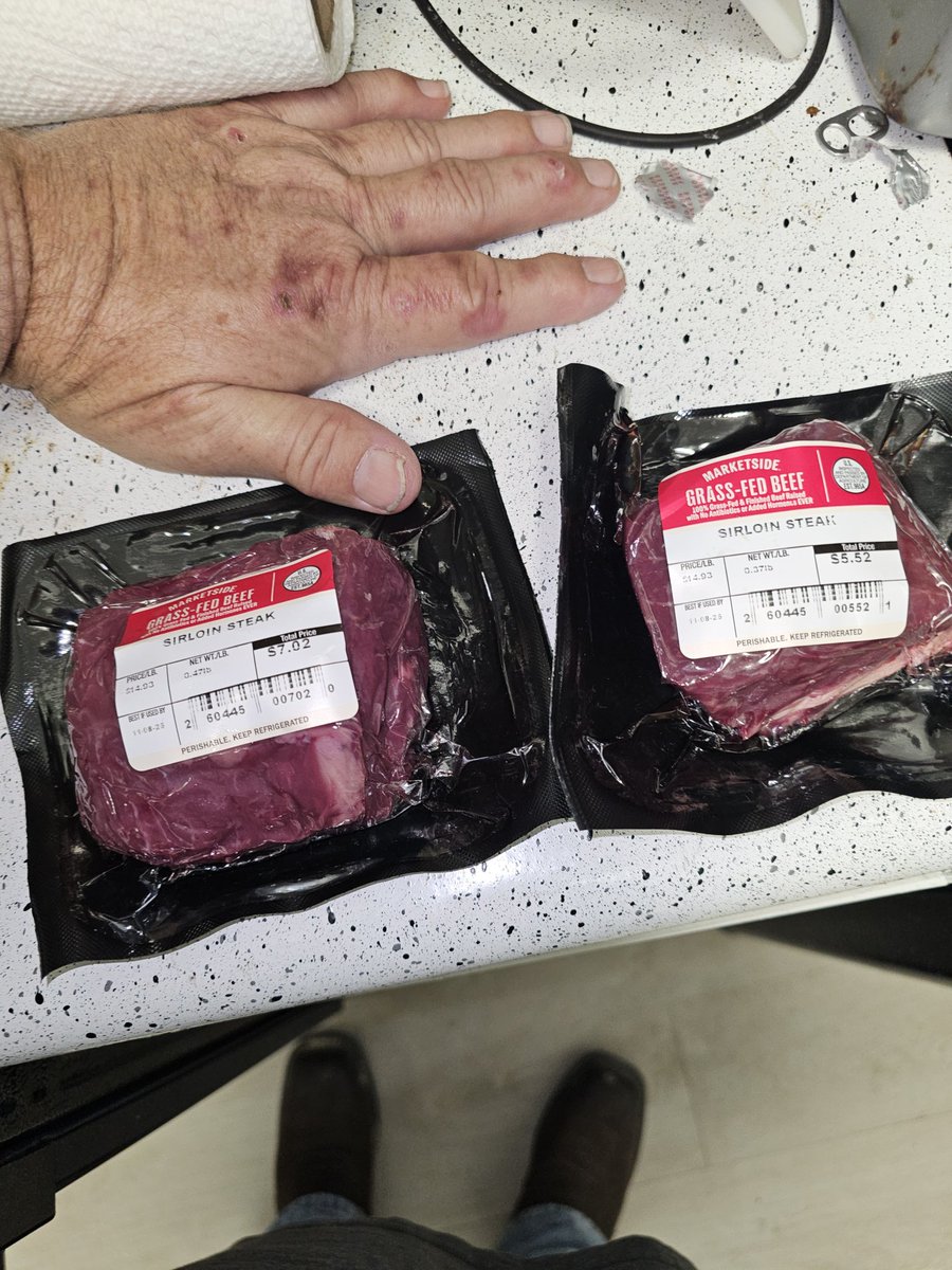powrlftr's tweet photo. Here are the two "steaks," with my hand for comparison.  🤬 https://t.co/jb9PlG0l6x