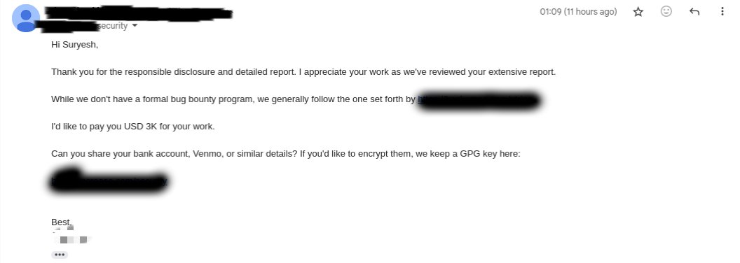 Suryesh_92's tweet image. Yay, I rewarded $3000 

Bug: File Upload to persistent/blind xss

Coming back in form after 5 months 👀👀 
#BugBounty #bounty #bug #Security #Hacking #intigriti #hackerone #bugcrowd #infosec