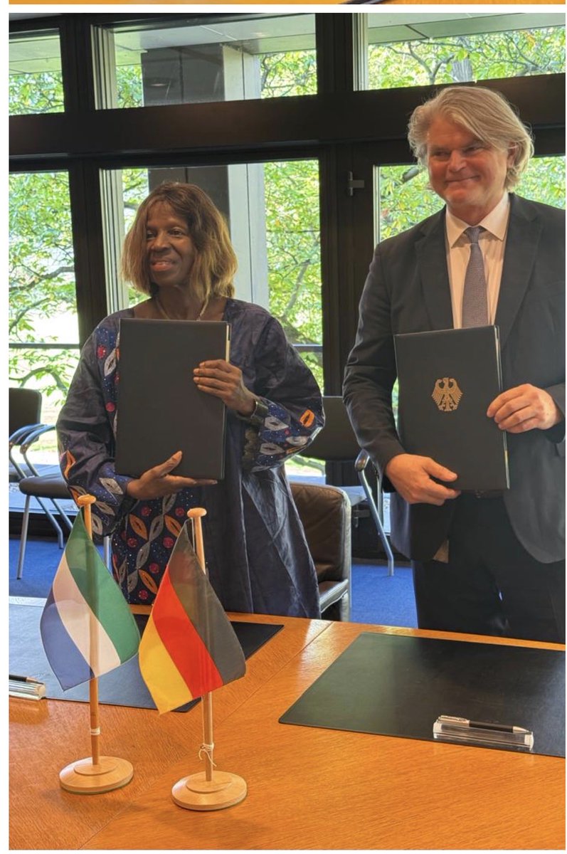 moped2025's tweet photo. 🇸🇱🤝🇩🇪 MoPED Minister Hon. Kenyeh Barlay, together with Amb. M’Baimba Baryoh &amp; Amb. Ernest Ndomahina @NaCSA  has secured a €28.2M grant from Germany to boost health, renewable energy &amp; key sectors under Sierra Leone’s MTNDP 2024–2030. #PartnershipsForDevelopment #MoPED https://t.co/cGsNsR0mIn