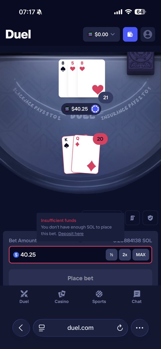 TheXerct's tweet photo. Hahahahahaha 0% house edge hahahaha 
Hahahaha 6 blackjack hand lost in a row dealer got 20-21 hahahahaha 
totally fair hahahahahaha 
Duel was calling out Rainbet but at least Rainbet actually let you win and have better rewards than this fucking rigged bullshit https://t.co/lOqch0RKLB
