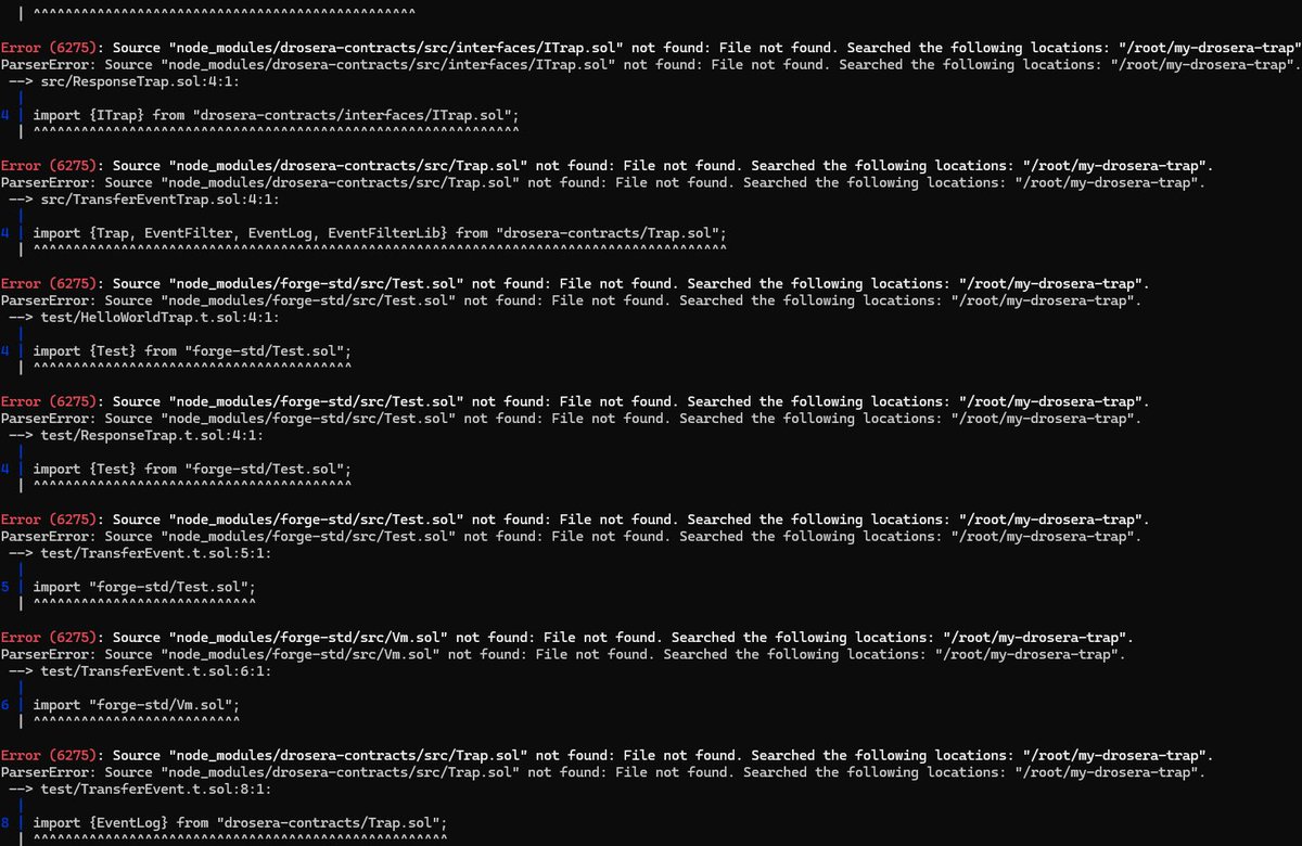 Saibafan1's tweet photo. @0xMoei @DroseraNetwork Hey Moei. I keep getting this error when I try to “forge build” https://t.co/MTNLgKXiPr