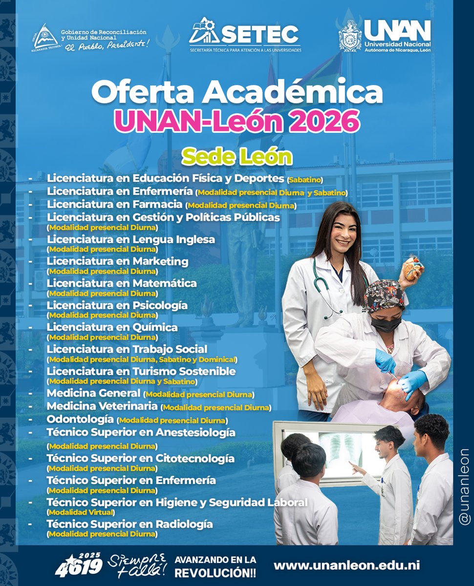 ¿Estás listo para dar el siguiente paso en tu formación profesional? 🎓

Conoce la Oferta Académica que la UNAN-León tiene preparada para la Admisión 2026, en la sede León y los Centros Universitarios Regionales de Jinotega, Somoto y Somotillo.📚