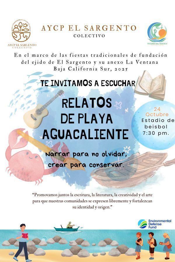 ✍️📢 ¡Escucha los relatos de Playa Aguacaliente!
🗓 24 oct
⏰7:30 PM
📍Estadio de béisbol, El Sargento, BCS
Organizado por participantes de “Voceros del Mar”, un programa que impulsa el liderazgo y la comunicación en comunidades pesqueras para enfrentar el cambio climático. 💪