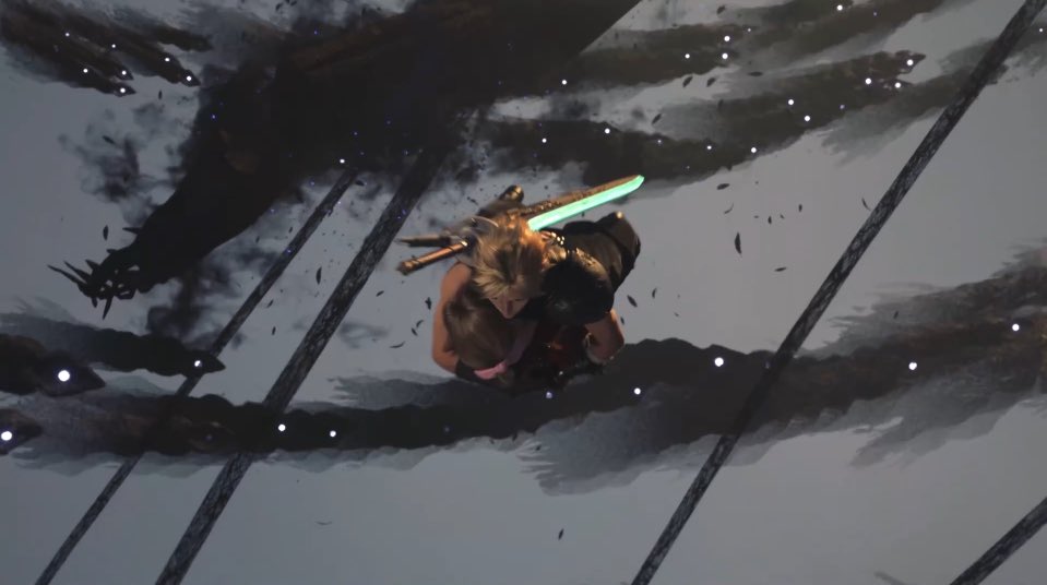 もっと一緒にいたいから
と言うエアリスと
一人涙を流すクラウドの
リメイク

なにがあってもいっしょだよ
と言うエアリスと
一緒に落ちていくクラウドの
リバース

願いが決意に