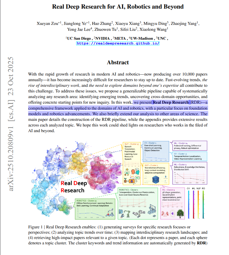 rohanpaul_ai's tweet photo. New Nvidia + UC San Diego paper builds an automated way to read huge research fields and tell where to work. 

It  automates high-quality field surveys and trend tracking.

Research moves too fast for humans to track 10,000+ papers a year.

The authors create Real Deep Research, a pipeline that gathers papers from top venues, filters scope with targeted prompts, and turns each paper into a compact structured summary.

For foundation models it logs input, modeling, output, objective, and training recipe, which means data in, how the model works, what it produces, what it learns toward, and how it is trained.

For robotics it logs sensor, body, joint outputs, action space, and environment, which together describe how a robot senses, moves, and acts in the world.

It embeds these summaries as vectors so similar work clusters together.

It then auto-builds surveys, maps topic trends over time, and links clusters across fields.

It also supports semantic retrieval so newcomers get high-quality starting papers.

In expert pairwise tests the system achieves average rank 1.30 and wins across many subdomains.

The trend read shows teleoperation and dexterous manipulation rising while classic reinforcement learning slows.

Researchers get a current map, fast orientation, and concrete entry points.

----

Paper – arxiv. org/abs/2510.20809

Paper Title: "Real Deep Research for AI, Robotics and Beyond"