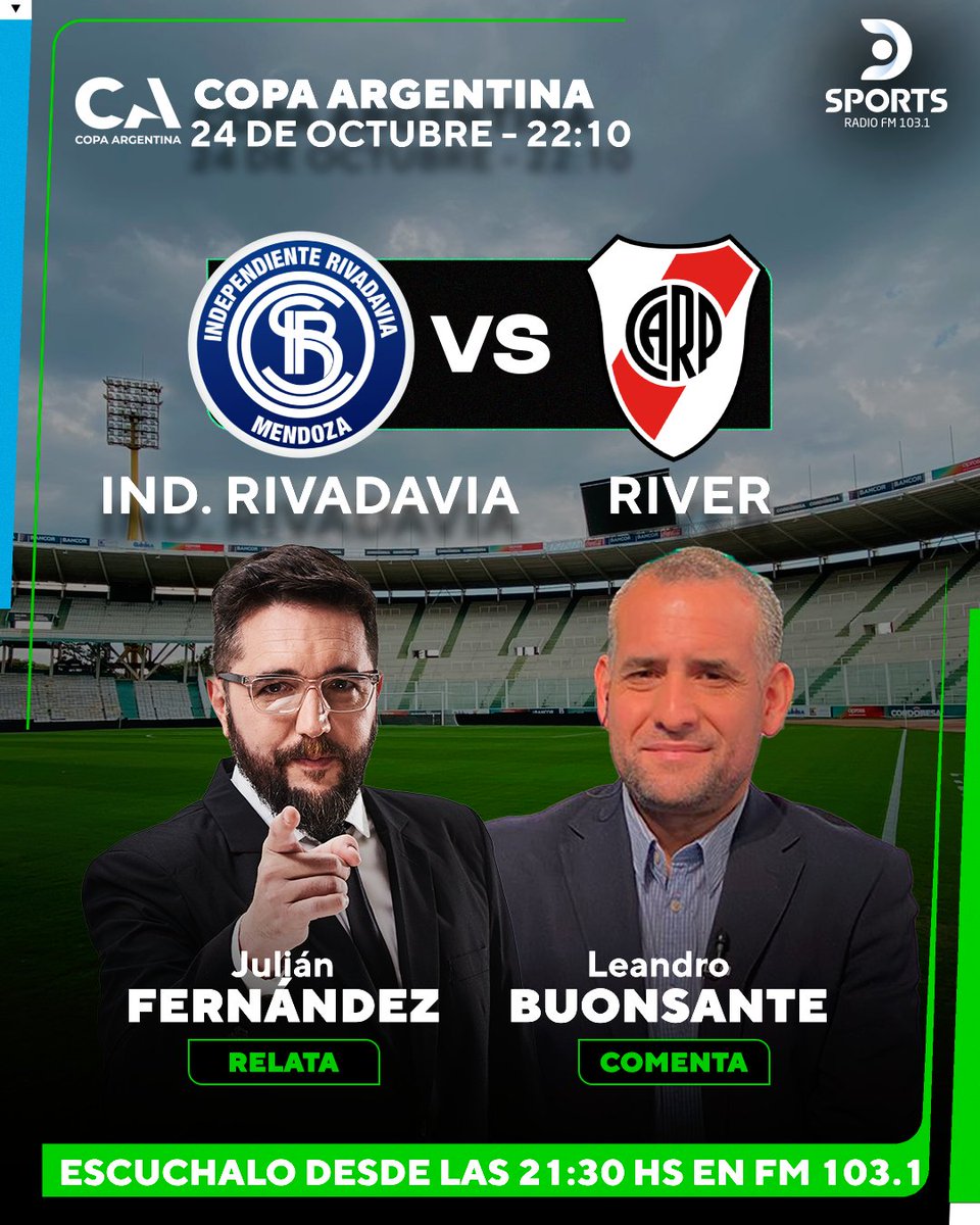 El Bicho espera rival en la final de #CopaArgentina 
#IndependienteRivadavia #River en <a href="/DSportsRadio/">DSports Radio 103.1 FM</a> 103.1 
Junto a <a href="/yojulifernandez/">Julián Fernández</a> <a href="/BuonsanteLean/">Leandro Buonsante</a> <a href="/Leandropaz08/">Leandro Paz ✳️</a> <a href="/RODRIGOANCORA/">Rodrigo Ancora</a> y <a href="/EstebanSassi/">esteban sassi</a>