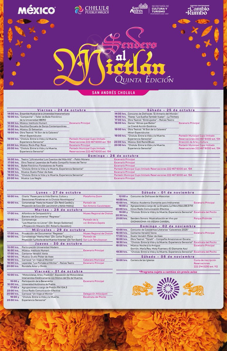 🪦 Celebremos la vida y las tradiciones que le dan sentido a nuestra comunidad. 🏵️ 
🗓️Hasta el 8 de noviembre disfruta el programa de la 5.ª edición del “Sendero al Mictlán”. 

Consulta la cartelera y únete a la conmemoración del pueblo vivo más antiguo de América. 👇