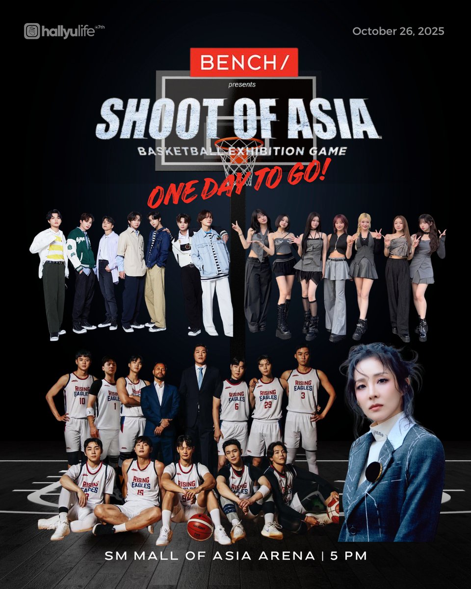hallyulifeAMG's tweet image. HAPPENING TOMORROW: #BENCHShootOfAsia with SHINee’s #MINHO, 2AM’s Jeong #Jinwoon, and NCT’s #JOHNNY from Team Korea Rising Eagles vs Team Philippines on Oct 26 at MOA Arena. 🏀✨ 

With performances from #HORI7ON, #Billlie, and #SandaraPark!

🎟️SM Tickets

Presented by @benchtm