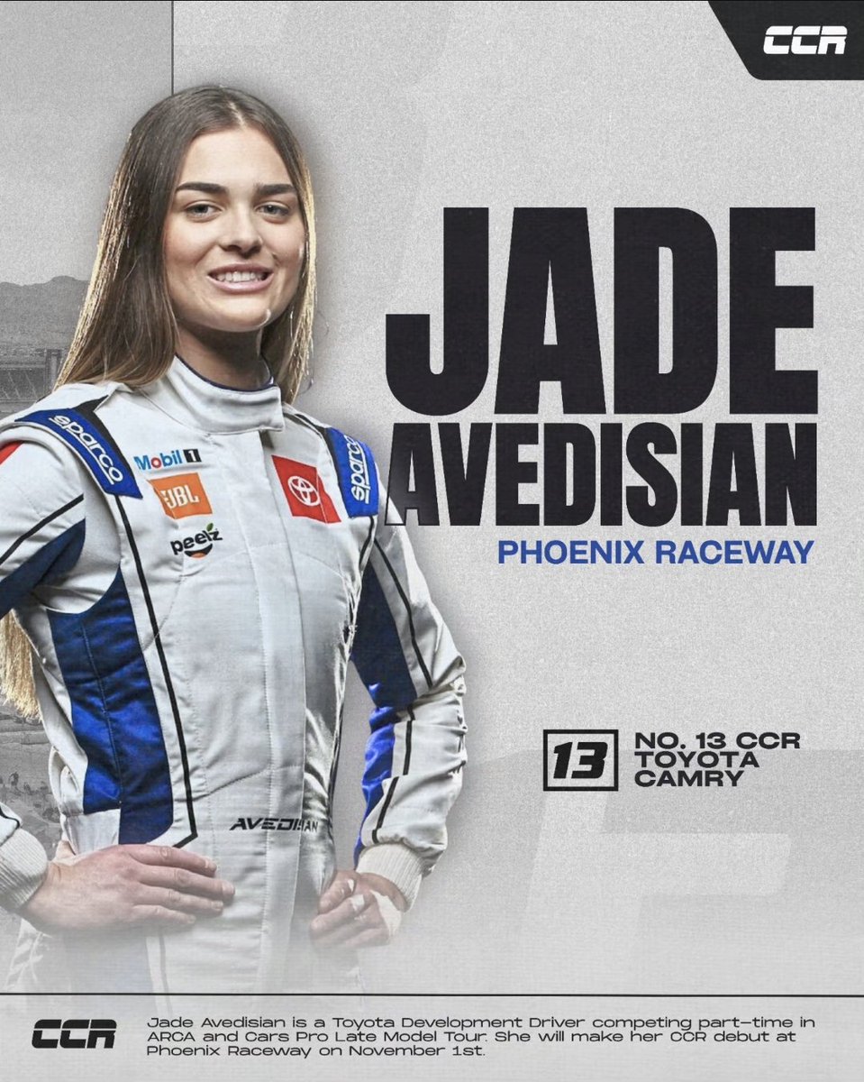 Central Coast Racing is excited to announce that Jade Avedisian will be racing the no. 13 for the final race of the season at Phoenix Raceway. 

We are grateful to work with her and look forward to having her maintain our point battle in the ARCA West Championship for CCR! 🏆🏁
