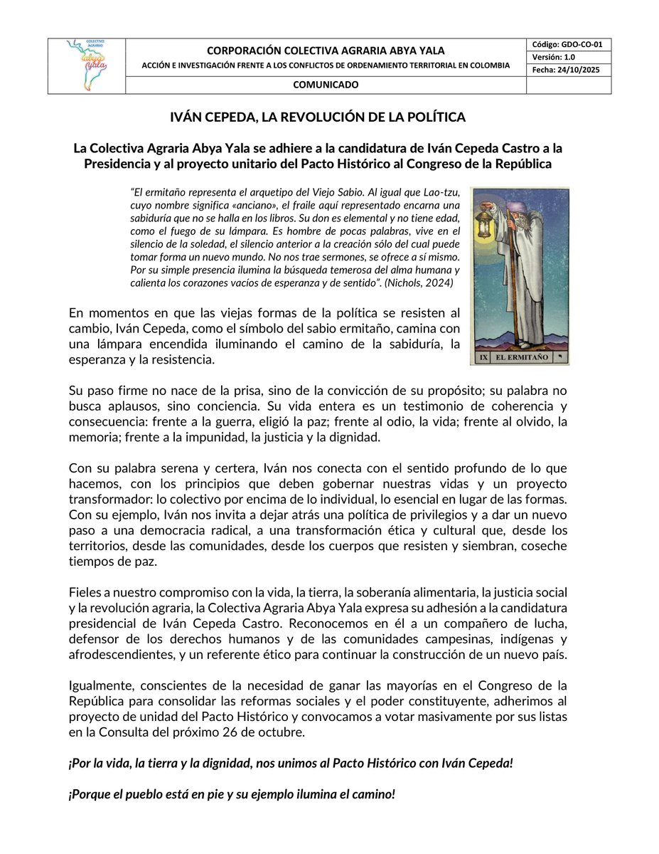 COCAAY's tweet photo. Desde la @COCAAY nos sumamos a la campaña de @IvanCepedaCast, reafirmando nuestro compromiso con la vida, la tierra y la justicia social. 🌾

Apostamos por la revolución agraria, la soberanía alimentaria y la defensa del territorio. ✊

#FirmesConCepeda #IvanNosUne #IvanEsElMan https://t.co/gGu5Tsw2N3