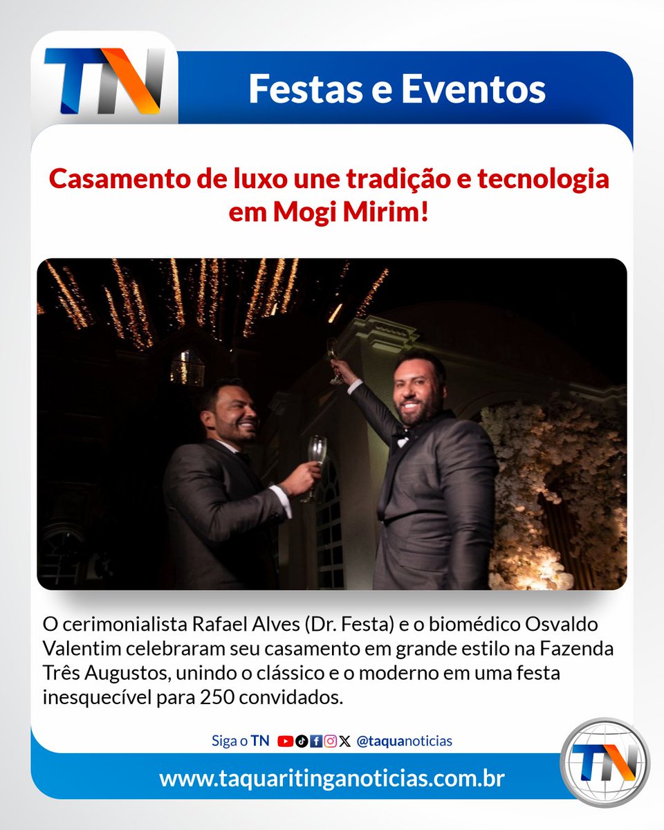 taquanoticias's tweet image. Casamento de luxo em Mogi Mirim bombou! ✨ Rafael Alves e Osvaldo Valentim uniram tradição e tecnologia em uma festa inesquecível. Quer saber como foi? Vem ver! 😉 taquaritinganoticias.com.br/s/h72nd #Casamento #MogiMirim