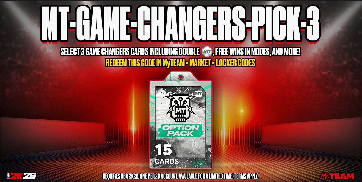 NBA2KMyTEAM's tweet photo. 🎁 Locker Code Alert! 

Redeem MT-GAME-CHANGERS-PICK-3 now for a Game Changers Option Pack and pick 3 Game Changers Cards, including:
💰 Double MTP
🆓 Wins in modes
➕ More!

⏳ Available for 1 week only - don’t miss out!