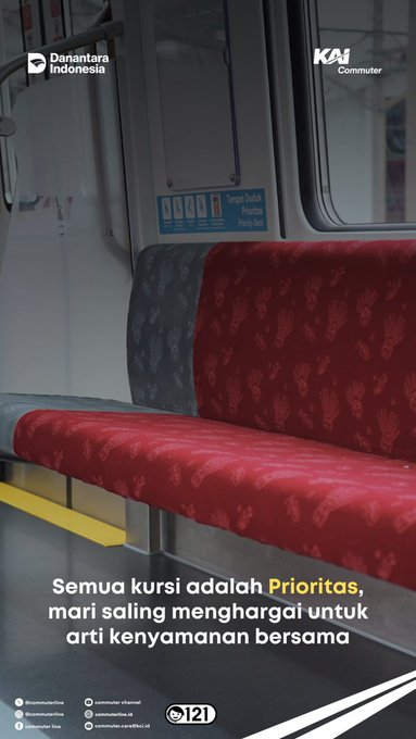 CommuterLine's tweet photo. Bagi pengguna prioritas tidak terbatas untuk duduk di kursi prioritas saja, tetapi di seluruh kursi Commuter Line. Mari #RekanCommuters saling menghargai untuk arti kenyamanan bersama.

#GayaGenerasiUrban https://t.co/9RCVABVn9W