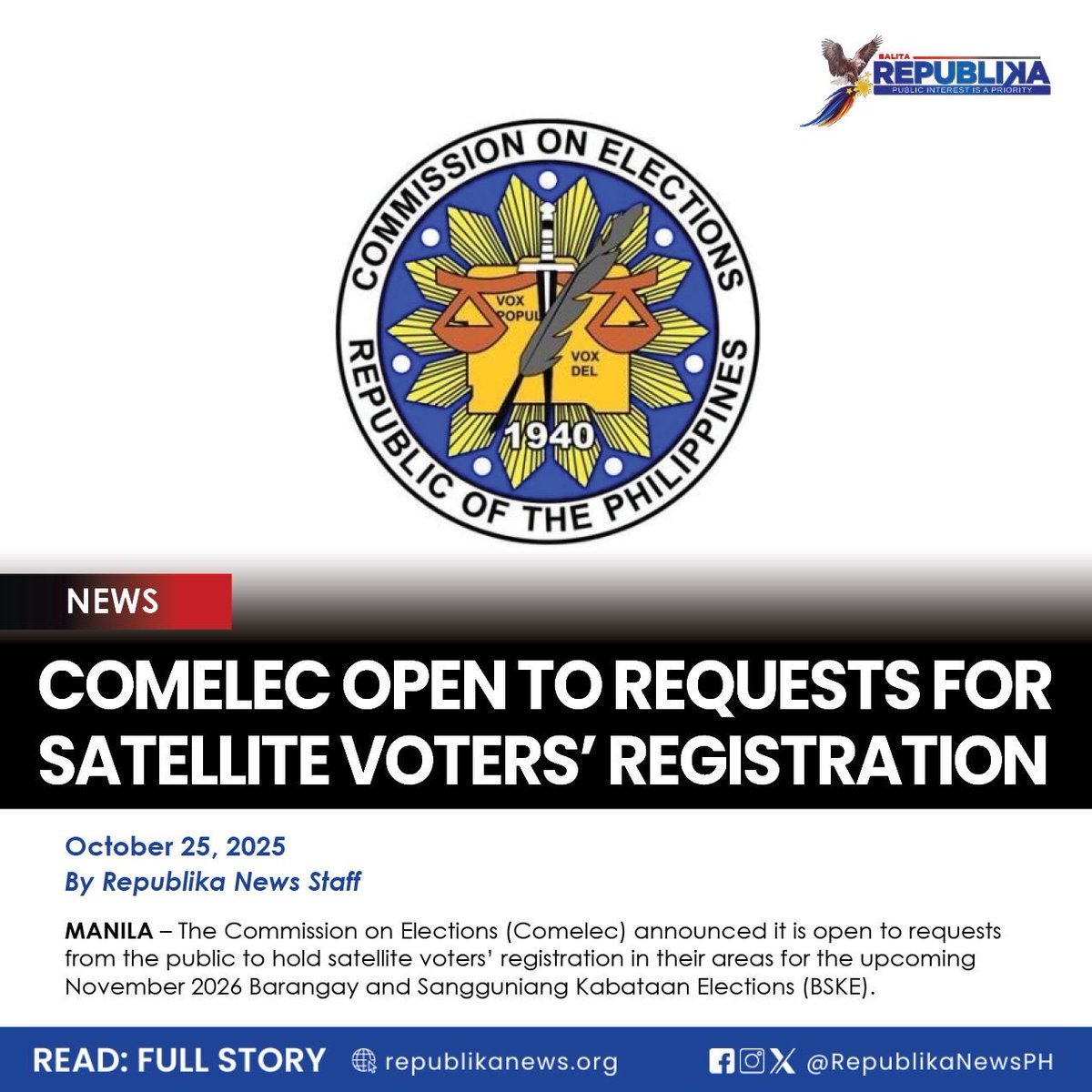 RepublikaNewsPH's tweet image. Under Resolution No. 11177, the Comelec said any interested party may request the conduct of satellite registration, aside from the mandatory list-up activities, subject to approval by poll officials. #Comelec #News 

READ: republikanews.org/2025/10/25/com…