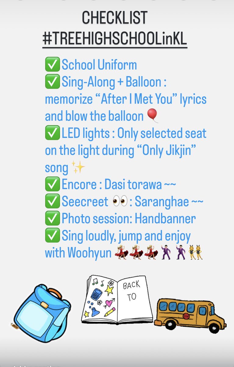 InspiritMY's tweet photo. 𝐃-𝐃𝐀𝐘 #𝐓𝐑𝐄𝐄𝐇𝐈𝐆𝐇𝐒𝐂𝐇𝐎𝐎𝐋𝐢𝐧𝐊𝐋 
✨✨✨✨✨✨✨✨✨✨✨✨

Let’s go through our checklist for the final preparation before we start Woohyun’s concert today! 😍🌱

#남우현 #NAMWOOHYUN #INFINITE
#인피니트 #NAMWOOHYUNinKL #NAMWOOHYUNinMY 
#NWH_5TH_SOLO_CONCERT
#식목일5 #TREE_HIGH_SCHOOL
#나무高 #나무고등학교
#빌리언스 #BILLIONS
#KUALALUMPUR