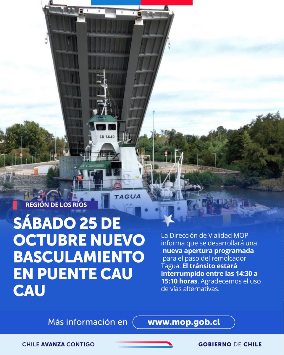 MOPdeLosRios's tweet photo. 👷🏻♂️🌉🚢 La Dirección de #VialidadMOP de @MOPdeLosRios informa que este sábado 25 se realiza nueva apertura de puente #CauCau de #Valdiviacl para paso del remolcador Tagua. Tránsito se interrumpe entre las 14.30 y 15.10 hrs. Se solicita programar desplazamientos #MOPInforma 🚙🚚🚌 https://t.co/ojk68bhTgY