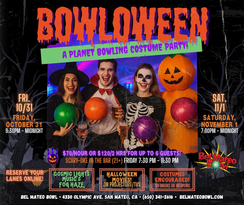 👻 BOWLOWEEN is coming to <a href="/BelMateoBowl/">Bel Mateo Bowl</a>!
🎳 Cosmic lights, fog haze, costumes, karaoke &amp; spooky movies!

🕔 Fri 10/31 | 9:30PM–Midnight
🕔 Sat 11/1 | 7PM–Midnight
💵 $70/hr or $120/2hrs (6 ppl/lane)

✨ Keep it local. Keep it fun.
Reserve 🎟️ belmateobowl.com/LANE-RESERVATI…