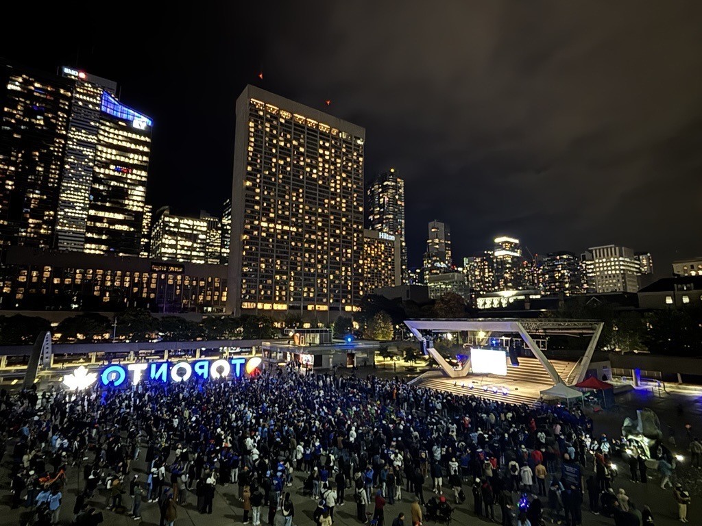 #Toronto! You understood the assignment! So many Jays fans are here at Nathan Phillips Square cheering on our <a href="/BlueJays/">Toronto Blue Jays</a> during Game 1 of the #WorldSeries. #LetsGoBlueJays
