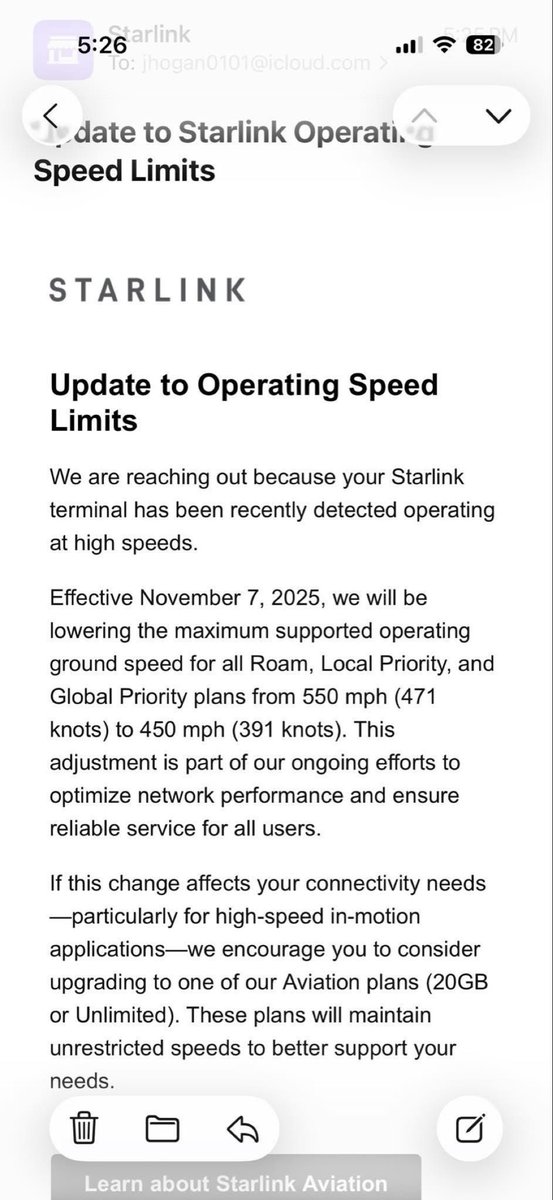 trengriffin's tweet image. Most of you own a Gulfstream G70 that can reach a maximum speed of Mach 0.935. As you know well, that is 717.397 miles per hour.

Trying to avoid Starlink fees by using a Starlink Mini instead of the more expensive terminal and service plan isn&apos;t possible anymore. Tough break.