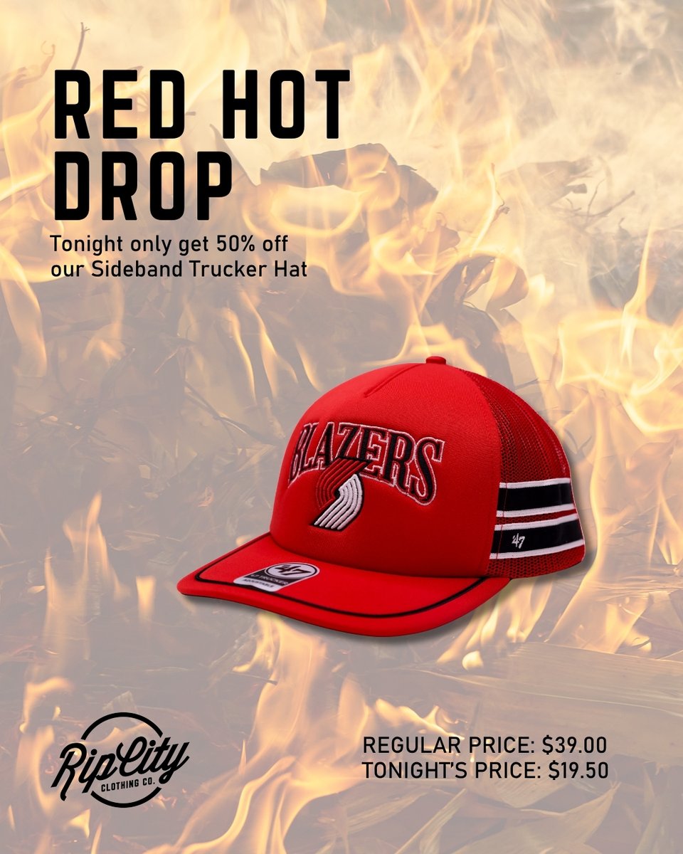 Tonight’s Red Hot Drop: 50% off the Sideband Trucker Hat! 🧯 

Shop the drop at Rip City Clothing (Entry A-19) or tap the link in our bio to grab yours.