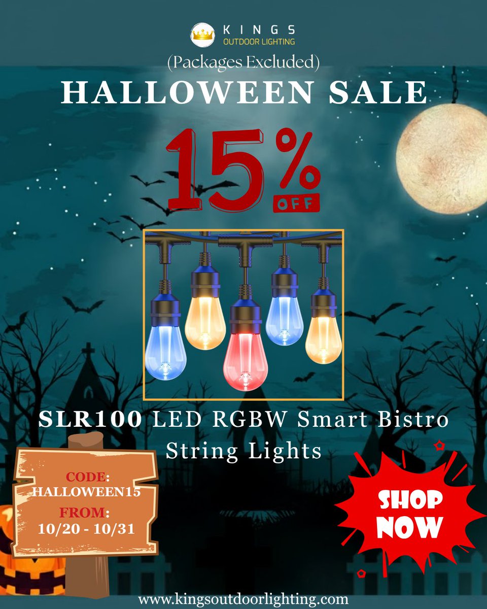 KOLLighting's tweet image. Light up your Halloween with our special offer! 💡 Enjoy 15% OFF on SLR100 LED. Use code HALLOWEEN15 from 10/20 - 10/31! 🕷️
🎃 Don’t miss out! Shop now and get into the Halloween spirit!
#HalloweenSale #OutdoorLighting #LEDStringLights #KingsOutdoorLighting #HalloweenVibes