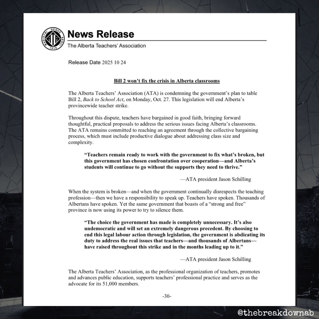 TheBreakdownAB's tweet photo. “Teachers have spoken. Thousands of Albertans have spoken. Yet the same government that boasts of a "strong and free" province is now using its power to try to silence them.”

- Alberta Teachers Association

#abpoli #ableg #cdnpoli https://t.co/zPm5Oyirrh