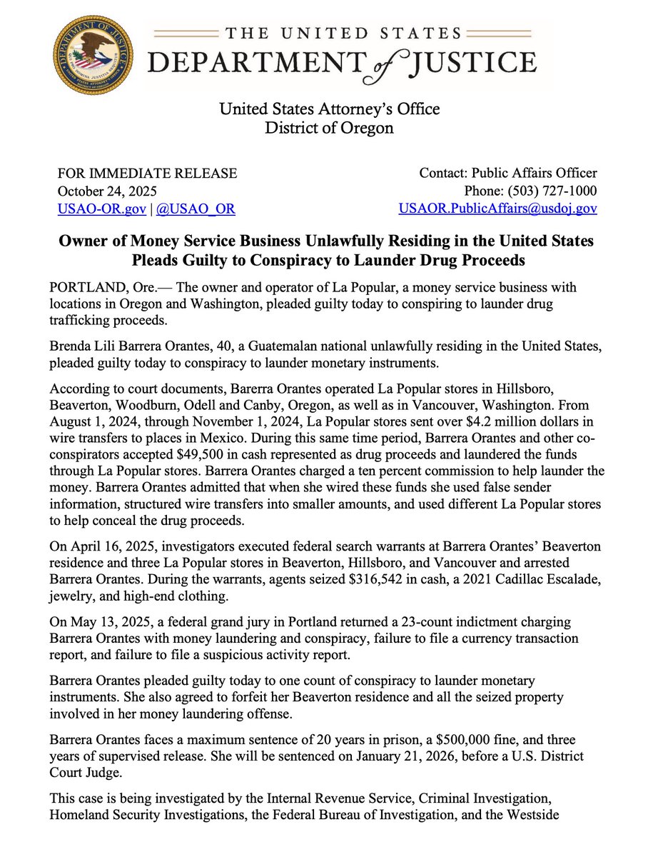 MrAndyNgo's tweet image. An illegal migrant from Guatemala living in the Portland, Ore. area has been federally convicted for using her "La Popular" chain of stores to launder over $4.2 million in drug funds to Mexico.
Oregon Democrats and leftists living in the state have been violently attacking the…