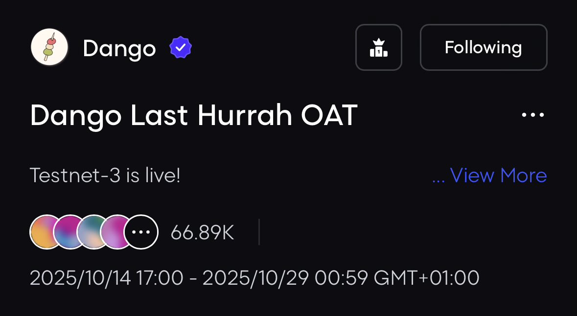 Kevinle0's tweet image. Hit @dango Testnet-3: gasless swaps, on-chain CLOB, unified margin, usernames for one-login trading
Trade, stress the book, claim the Last Hurrah OAT #DeFi #Testnet3