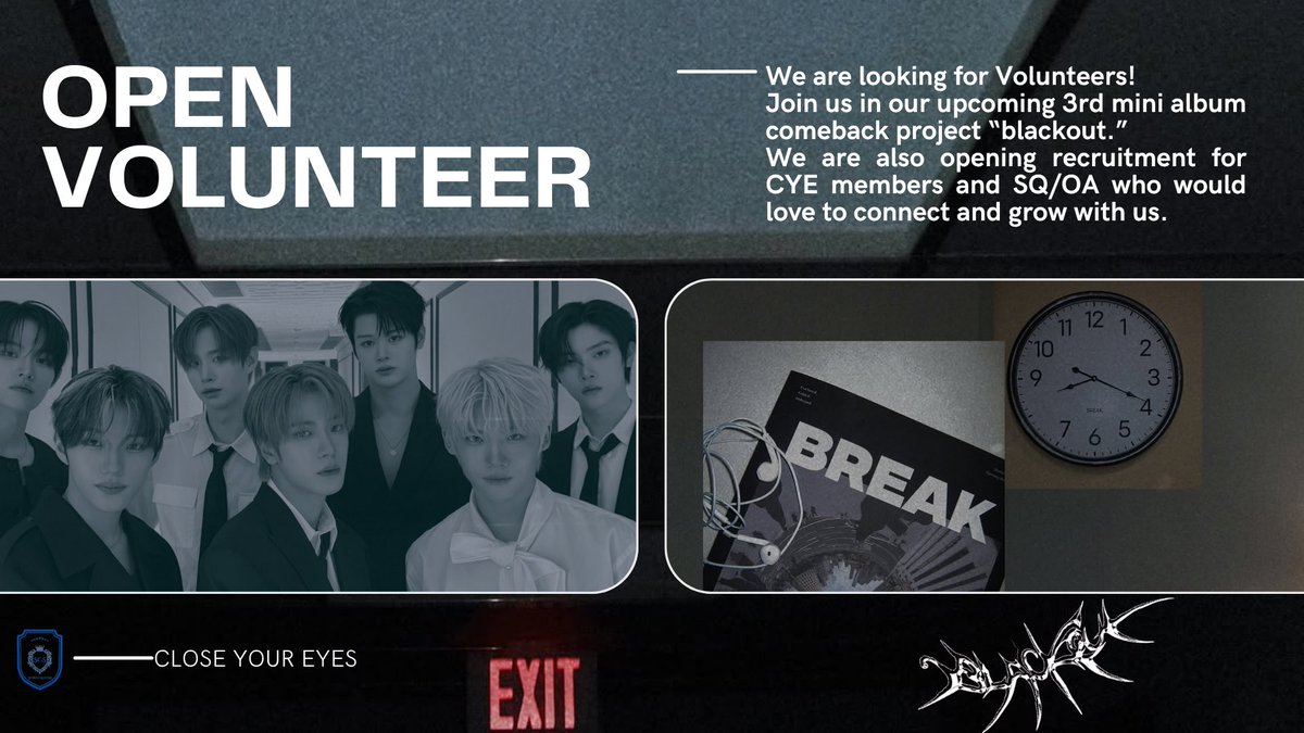 🌟Reposts would be greatly appreciated 🌟

We are 𝐒𝐄𝐕𝐄𝐍 𝐂𝐋𝐎𝐒𝐓𝐀𝐑 currently open volunteers for 𝘾𝙇𝙊𝙎𝙀 𝙔𝙊𝙐𝙍 𝙀𝙔𝙀𝙎 comeback project 3rd Mini Album 'blackout'. Be part of our project! Applications close on October 31 at 22:00 WIB — 

🔗 forms.gle/HoiyE7RWZE2p2N…