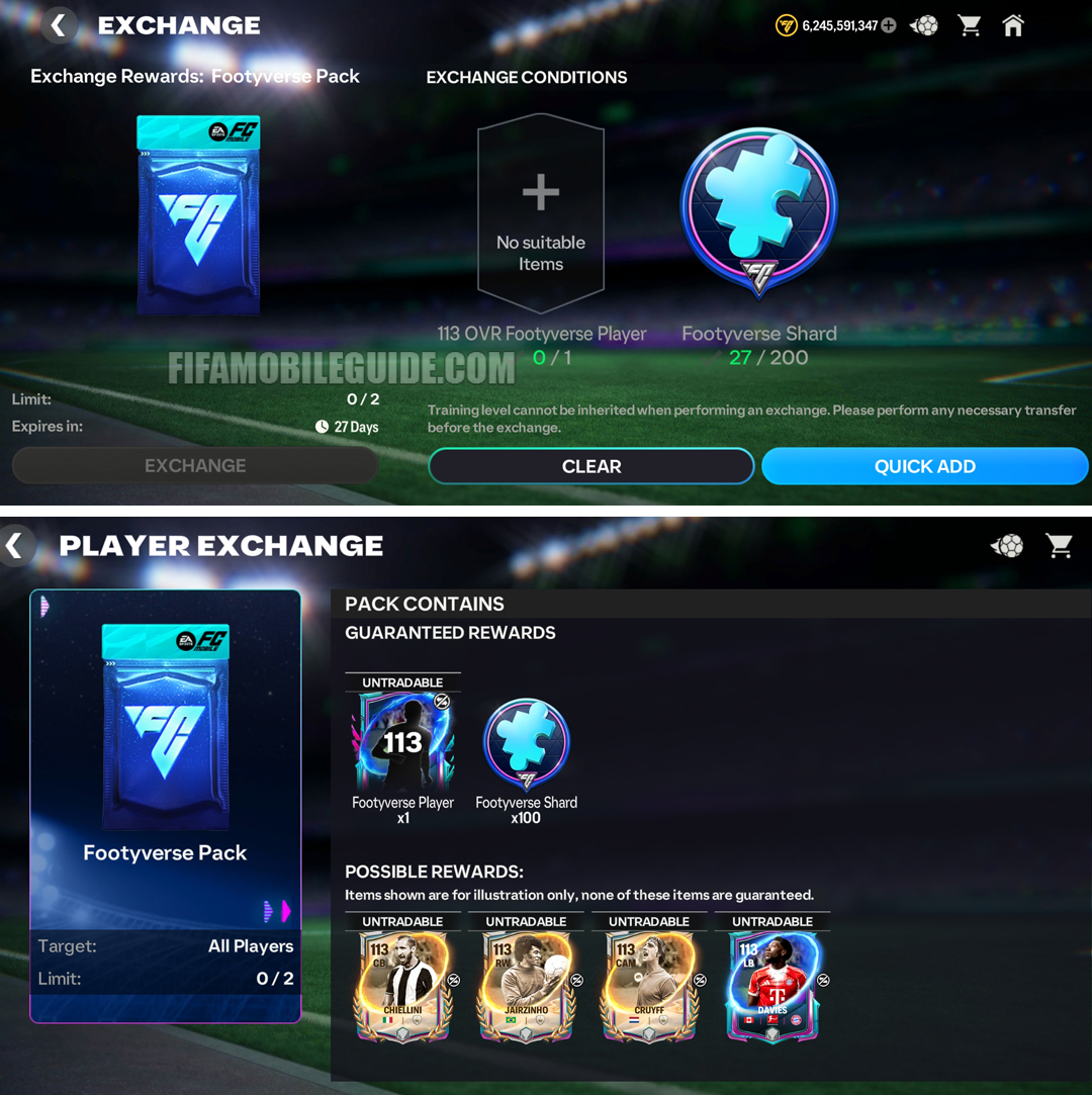 More about Swap Verse 🔁

I think this is one of the best Verses available because you can exchange Footyverse Players for others with the same OVR.

For 100 Shards, you can exchange 113 FV Players (limit: 2x per week).

For 60 Shards, you can exchange 112 FV Players (limit: 5x