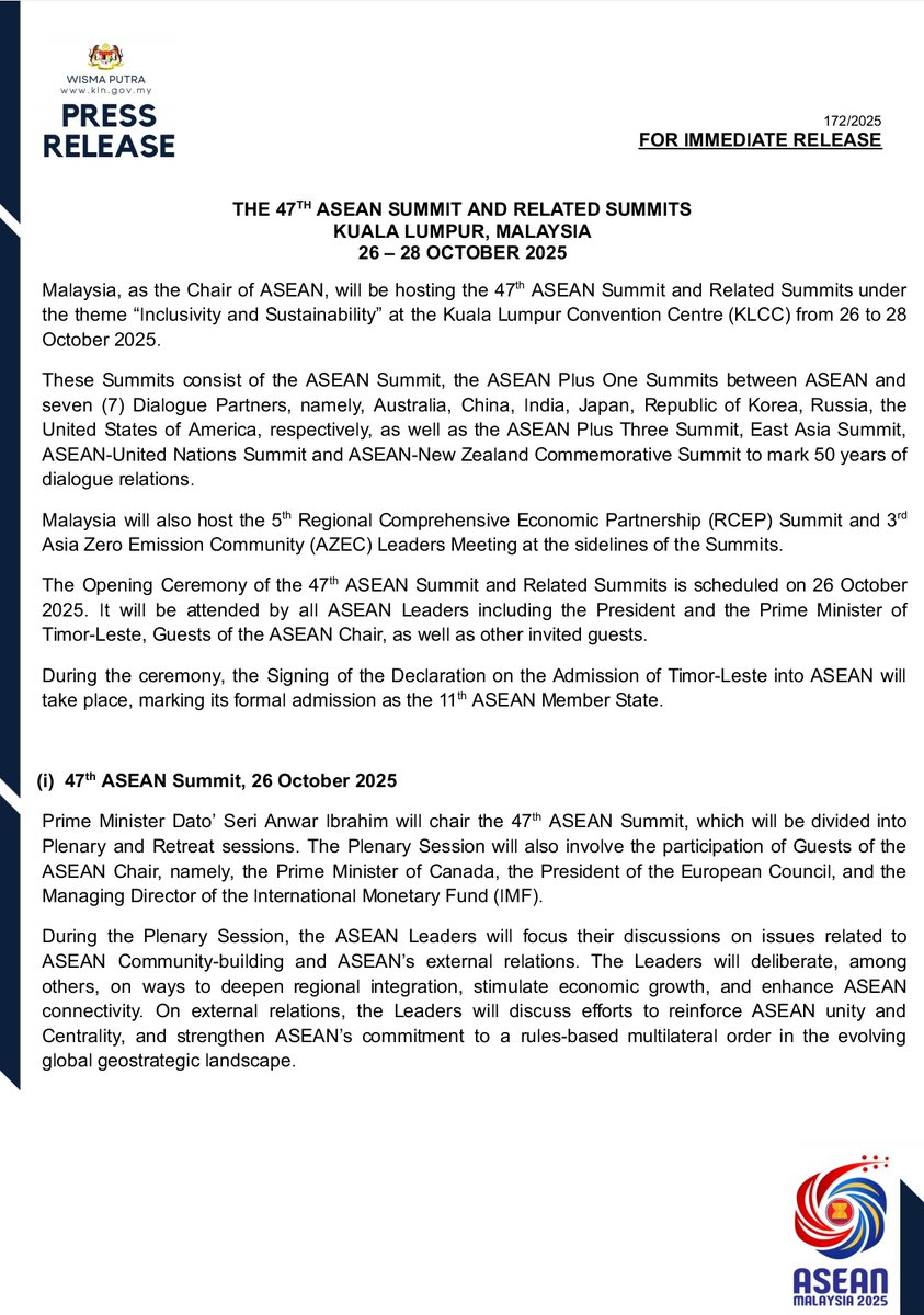 MalaysiaMFA's tweet image. PRESS RELEASE: THE 47TH ASEAN SUMMIT AND RELATED SUMMITS, KUALA LUMPUR, MALAYSIA, 26 – 28 OCTOBER 2025